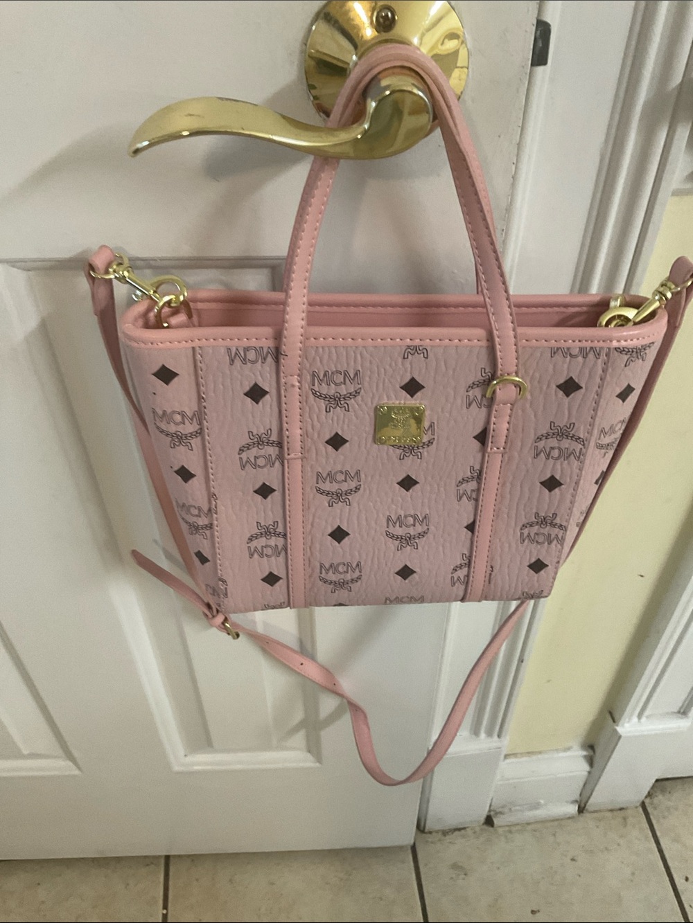 MCM Pink Monogram Mini Tote with Detachable Strap